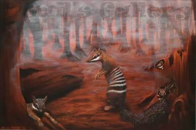 'Fire's On!', 2020. Numbat family, Stirling Ranges, Jan.2020 (Myrmecobius fasciatus fasciatus). Oil on Canvas, 50x70cms.